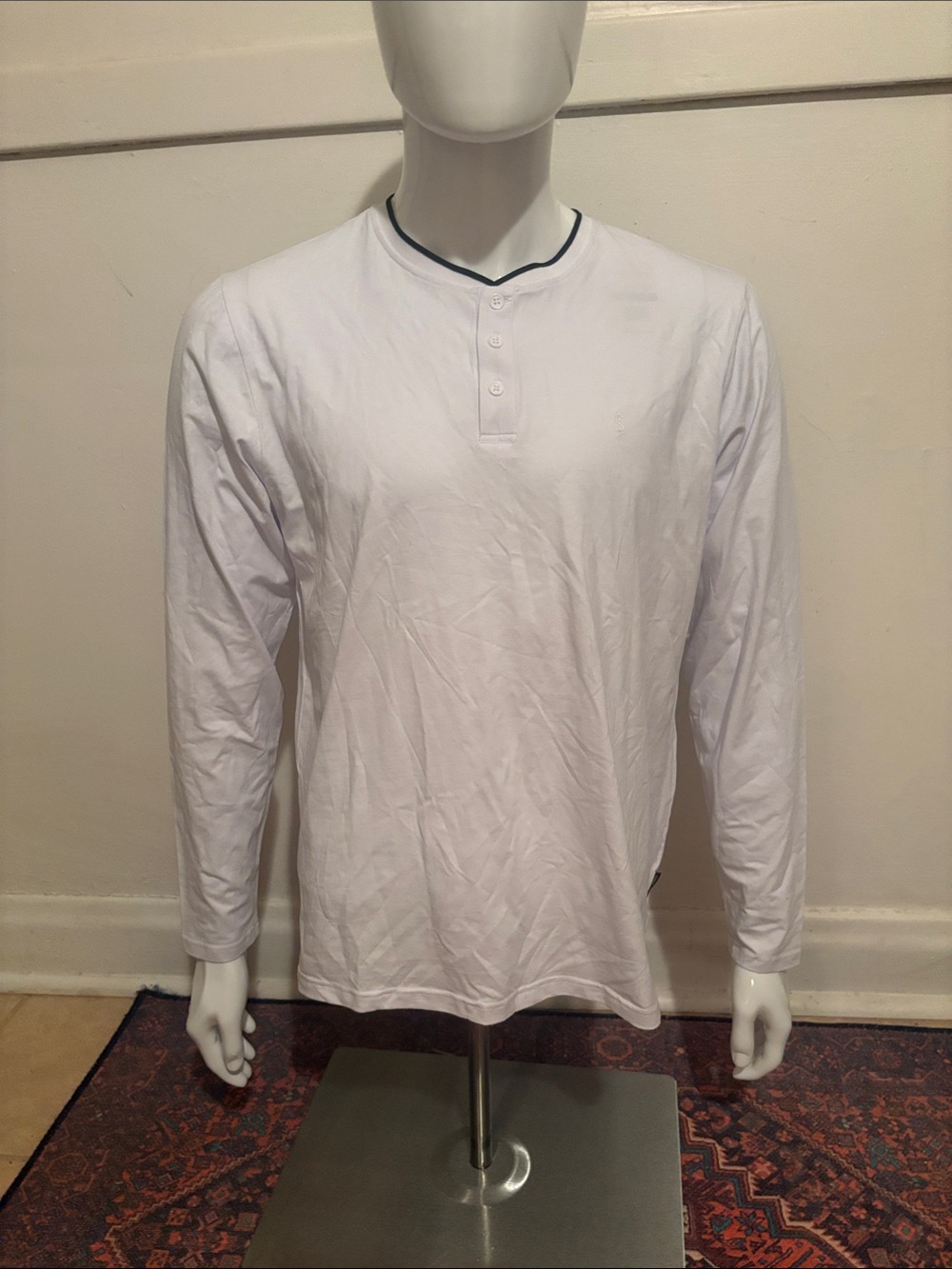 Men's White Long-Sleeve Henley with Contrast Trim
